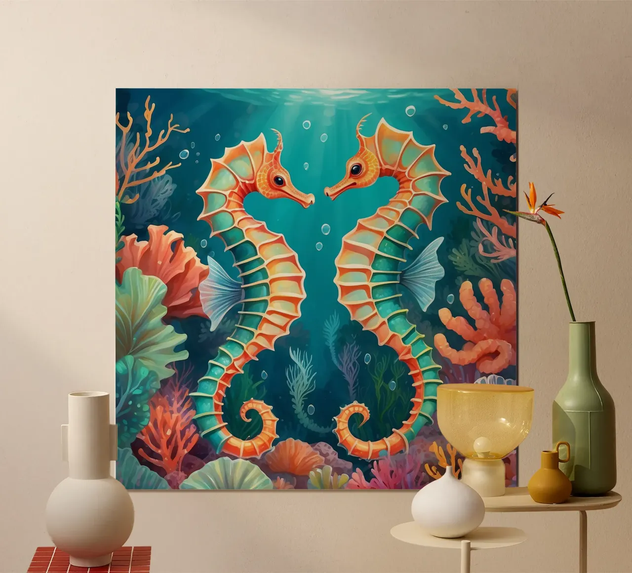 Felgekleurde zeepaardjes dansen te midden van levendige koraalriffen poster van DesignDoodle