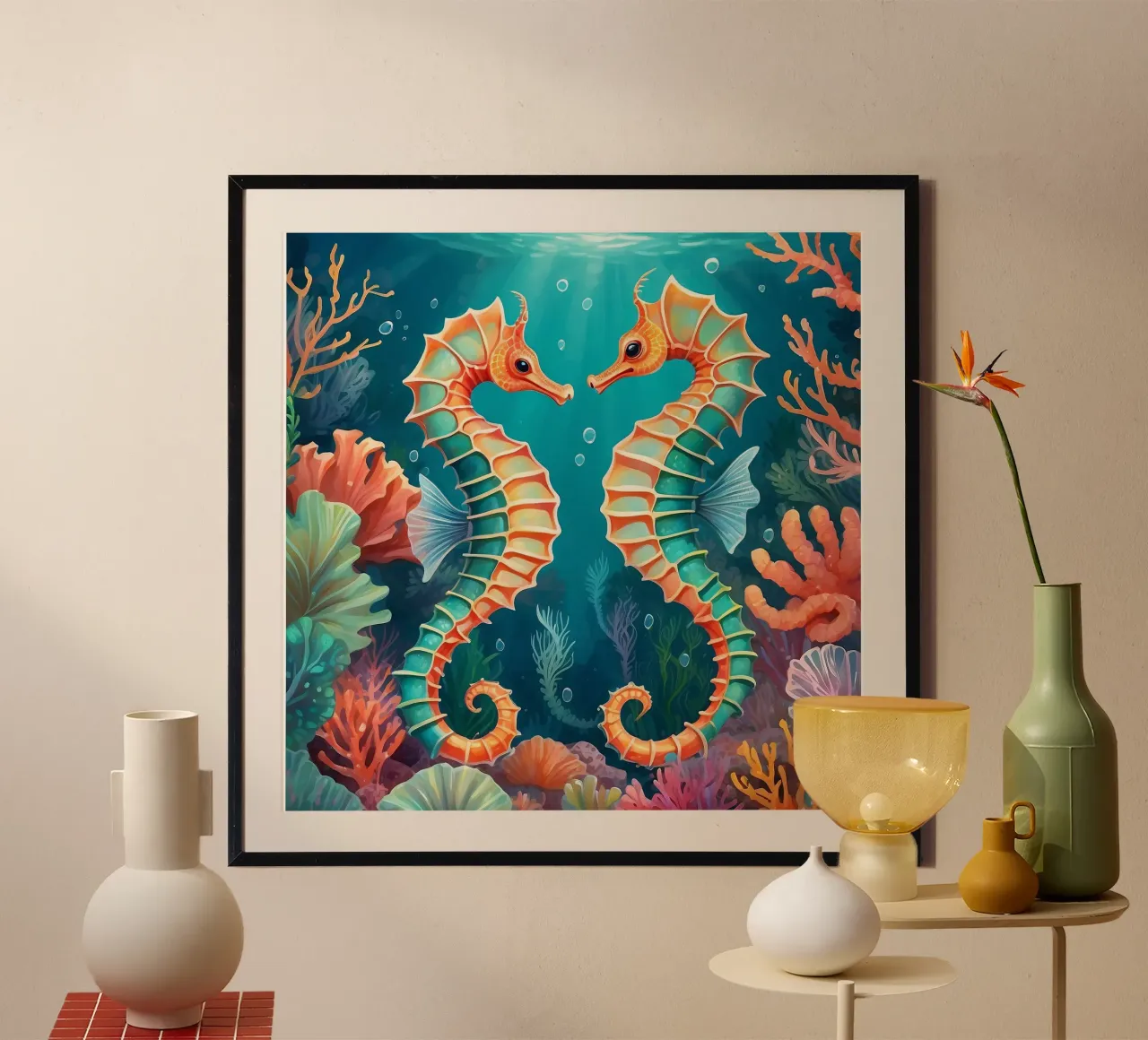 Felgekleurde zeepaardjes dansen te midden van levendige koraalriffen poster van DesignDoodle