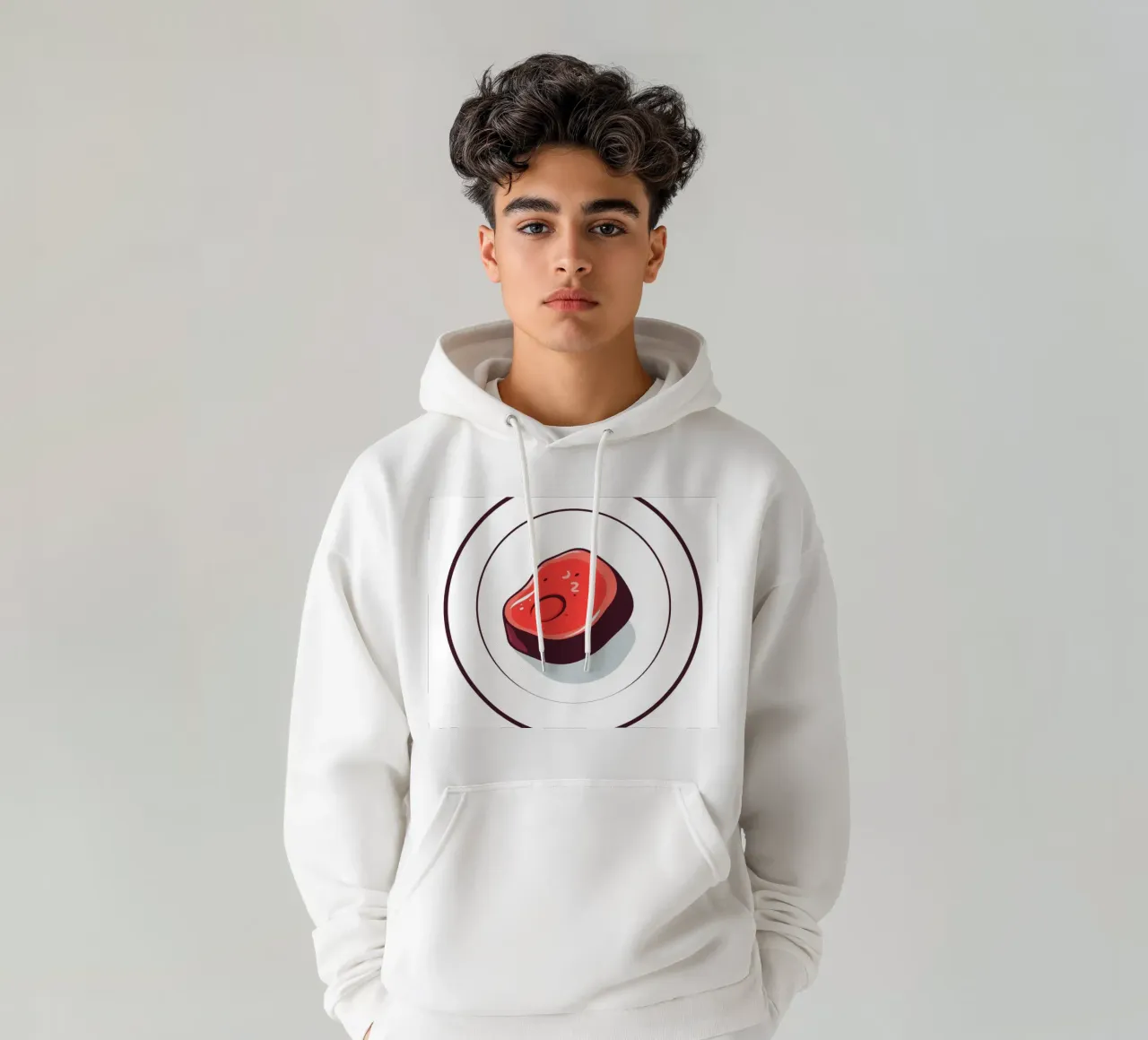 Bistecca succulenta su un piatto bianco dal design semplice felpa con cappuccio da DesignDoodle