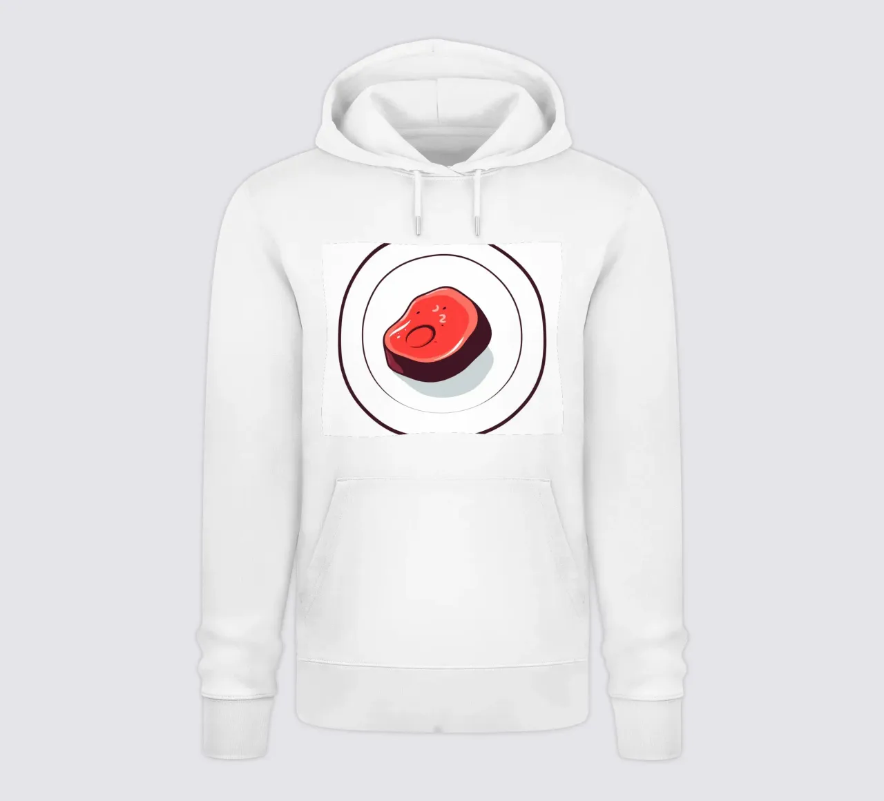 Bistecca succulenta su un piatto bianco dal design semplice felpa con cappuccio da DesignDoodle