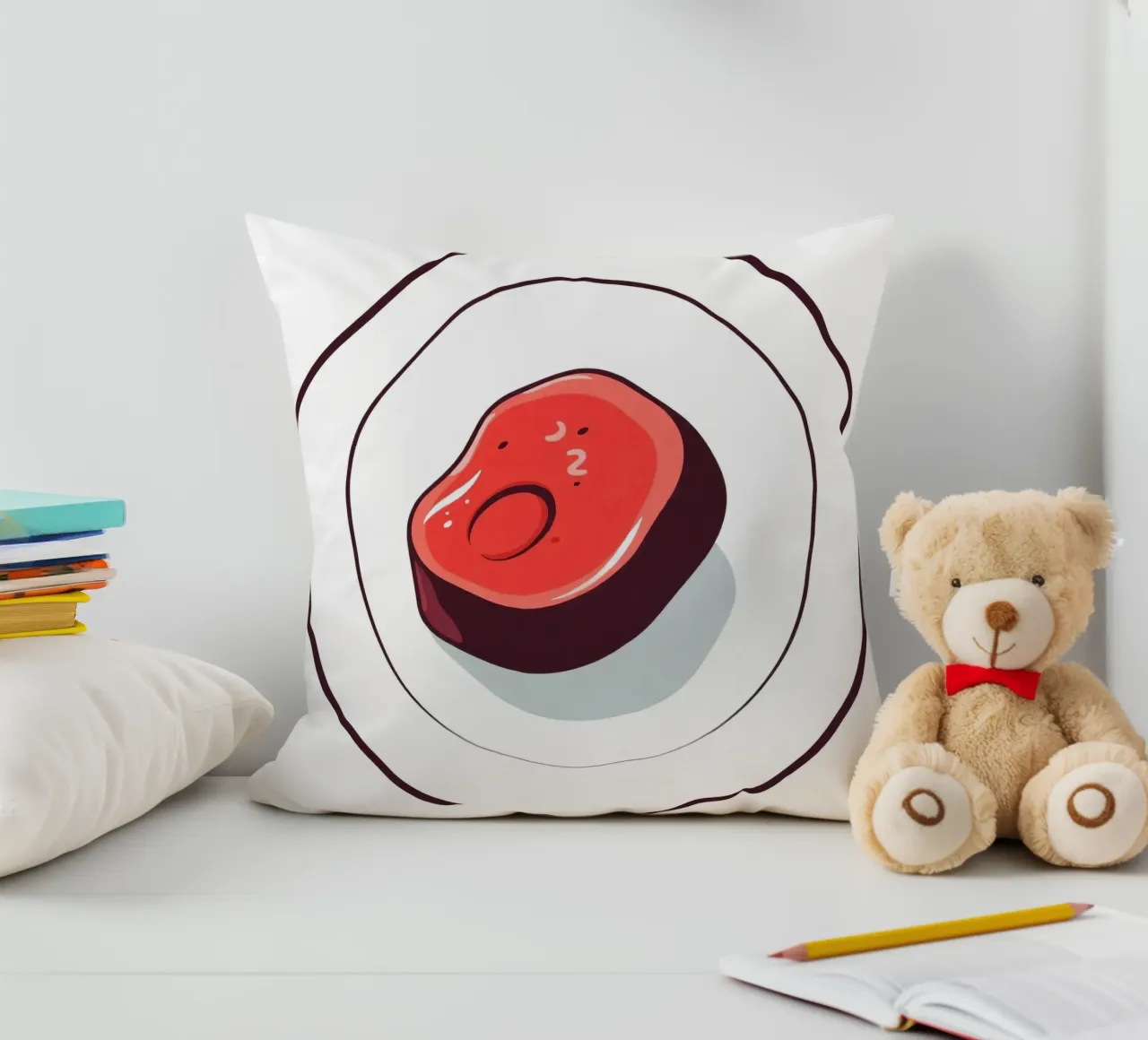 Bistecca succulenta su un piatto bianco dal design semplice cuscino da DesignDoodle