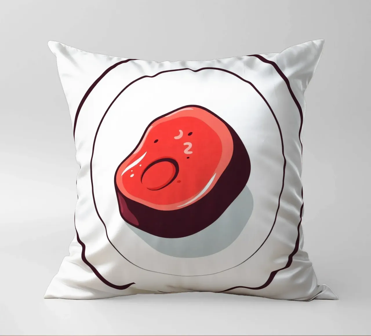 Bistecca succulenta su un piatto bianco dal design semplice cuscino da DesignDoodle