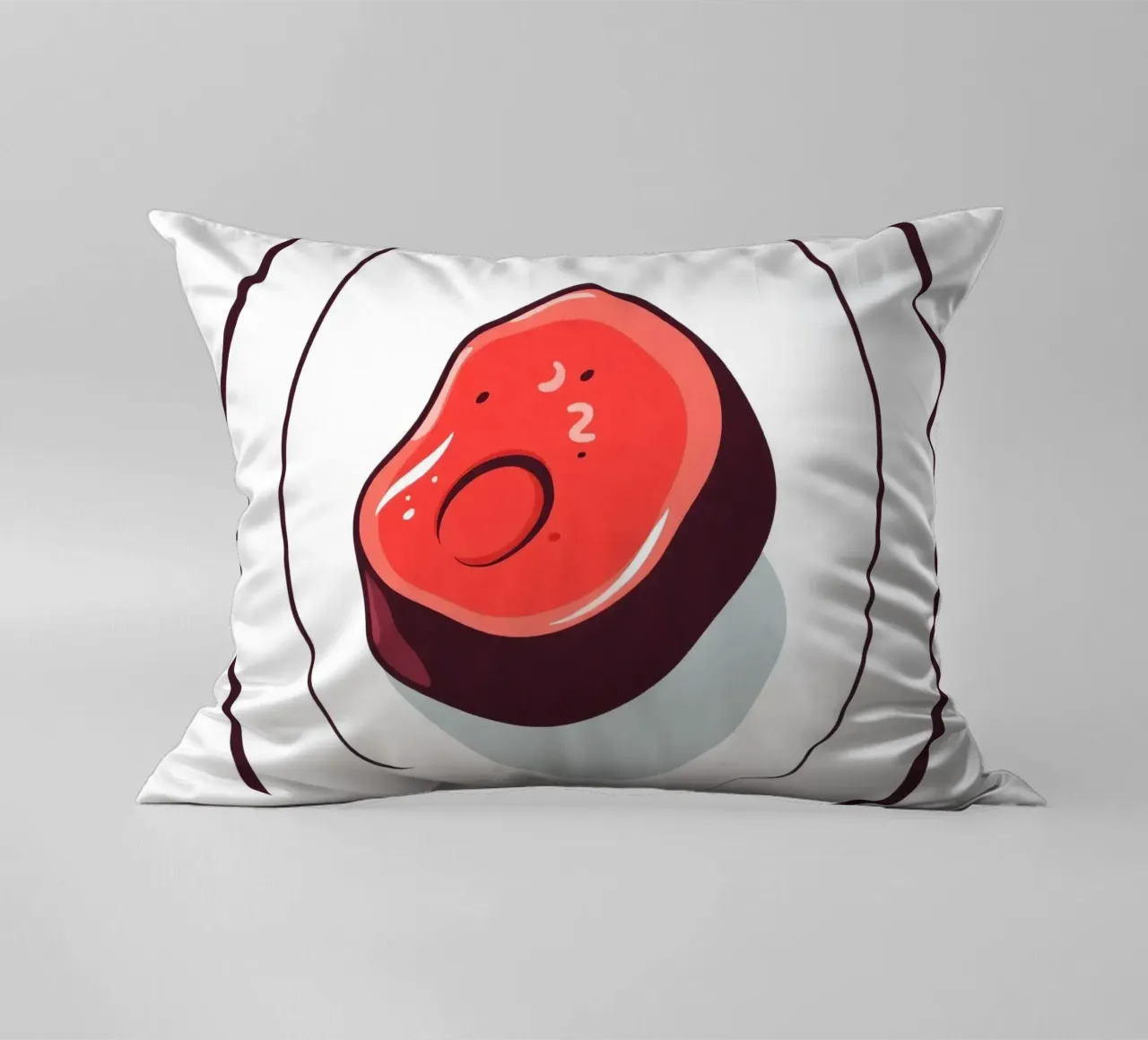 Bistecca succulenta su un piatto bianco dal design semplice cuscino da DesignDoodle