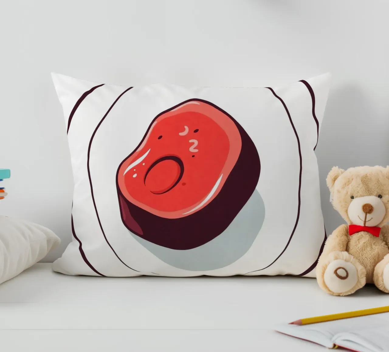 Bistecca succulenta su un piatto bianco dal design semplice cuscino da DesignDoodle