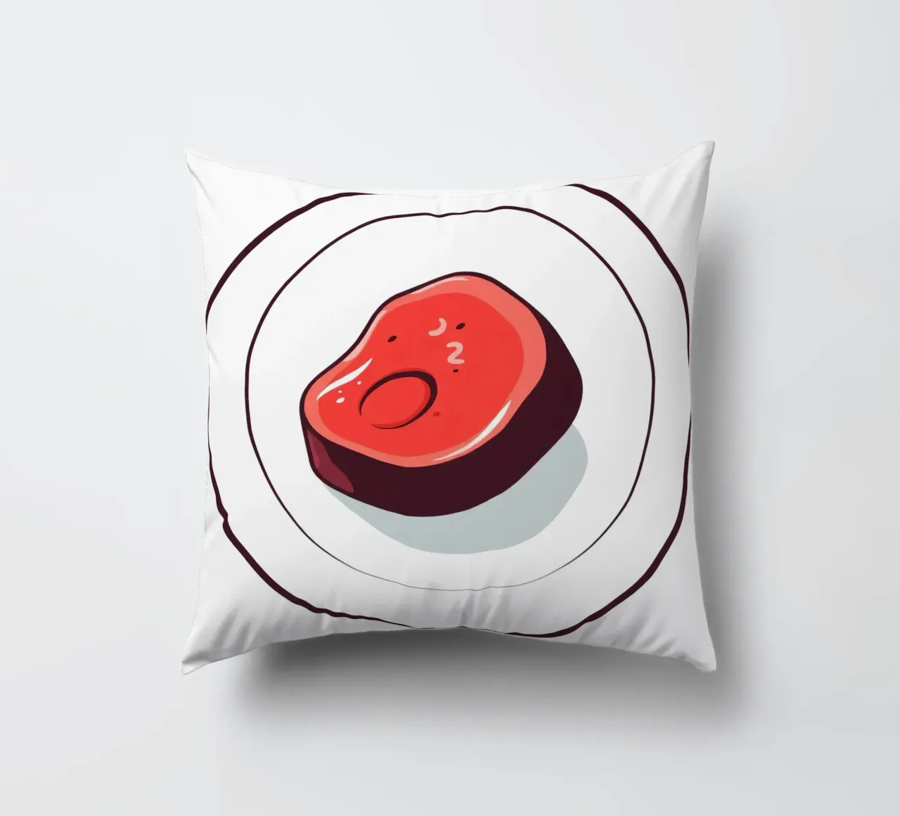 Bistecca succulenta su un piatto bianco dal design semplice cuscino da DesignDoodle