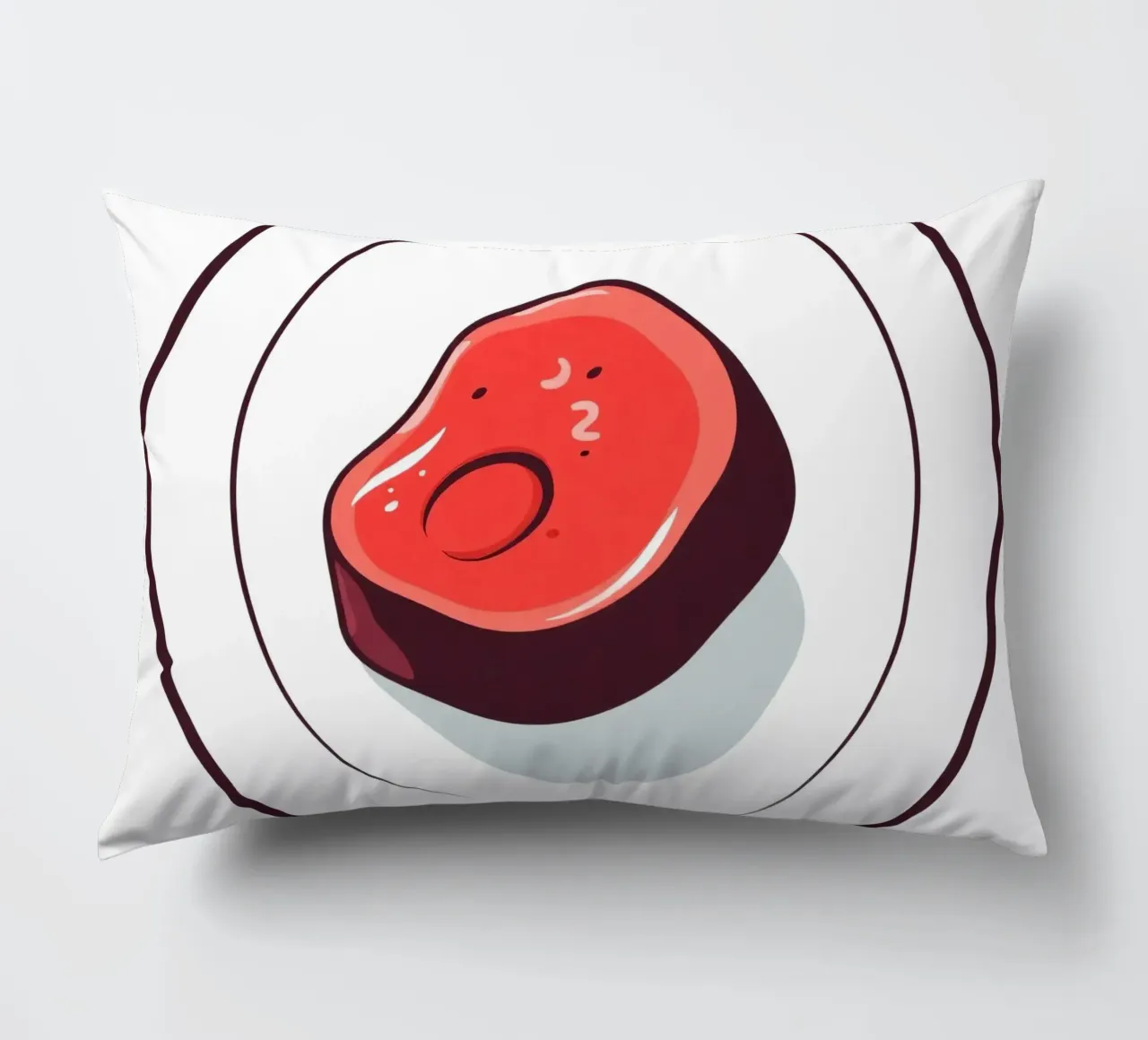 Bistecca succulenta su un piatto bianco dal design semplice cuscino da DesignDoodle