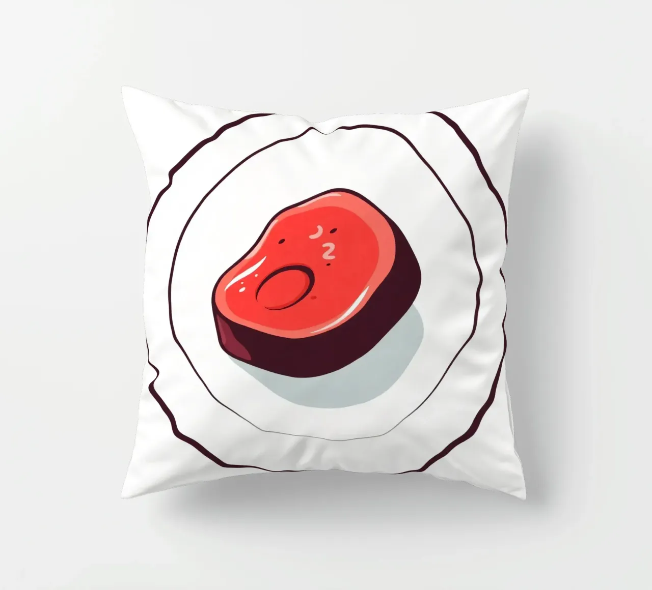 Bistecca succulenta su un piatto bianco dal design semplice cuscino da DesignDoodle