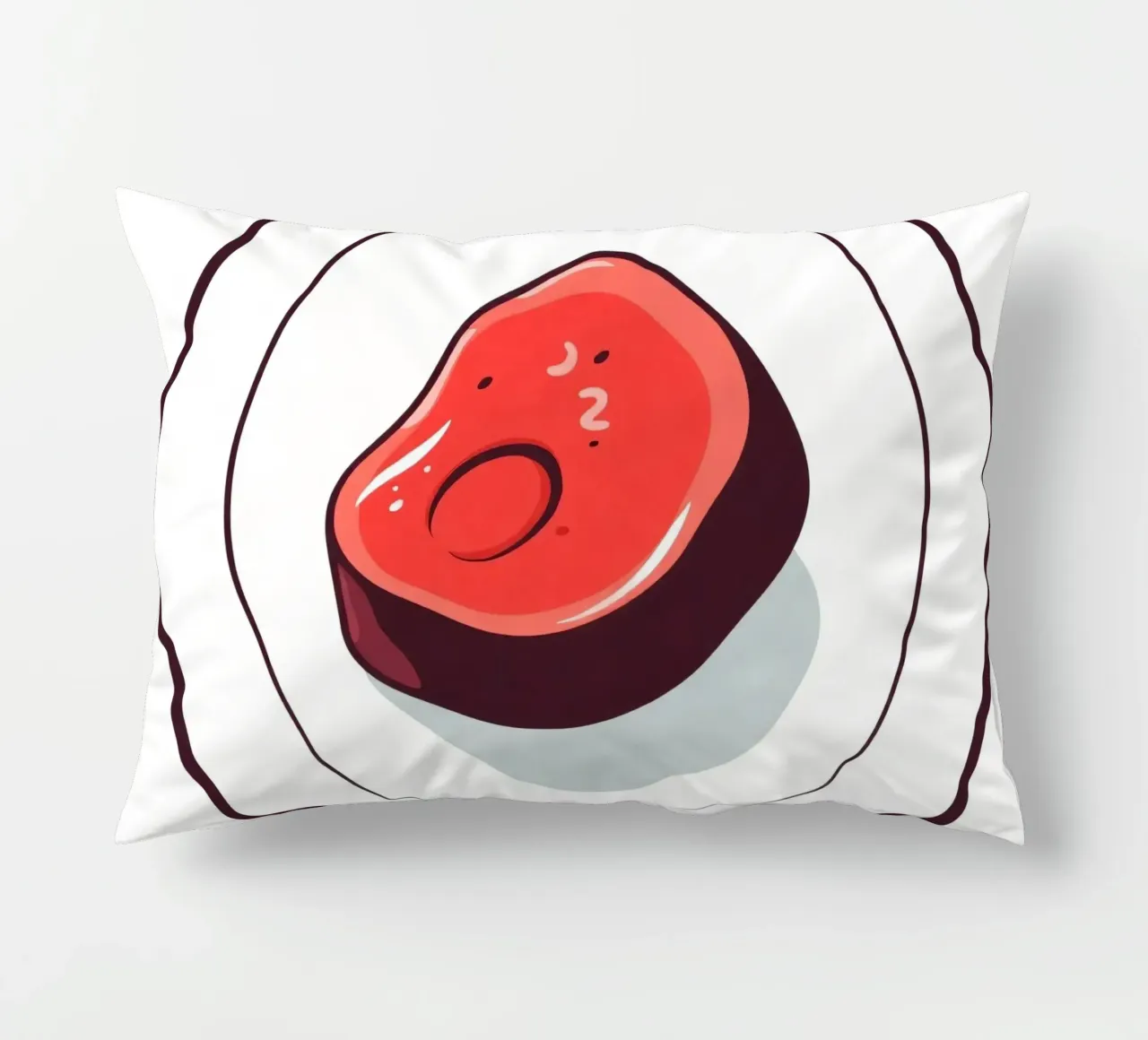 Bistecca succulenta su un piatto bianco dal design semplice cuscino da DesignDoodle