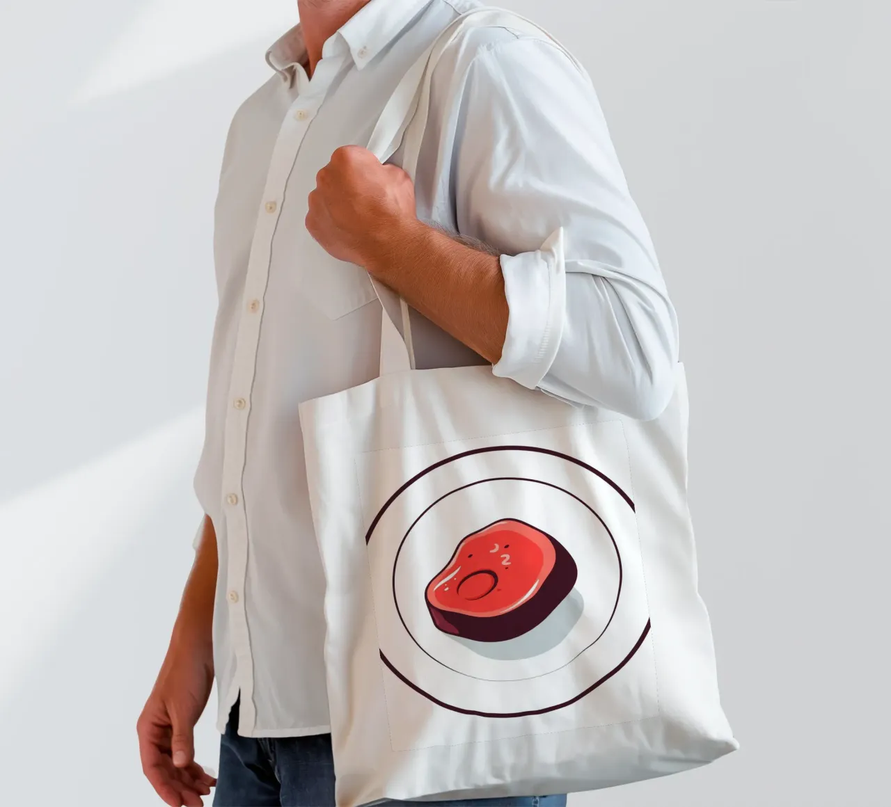 Bistecca succulenta su un piatto bianco dal design semplice borsa in juta da DesignDoodle