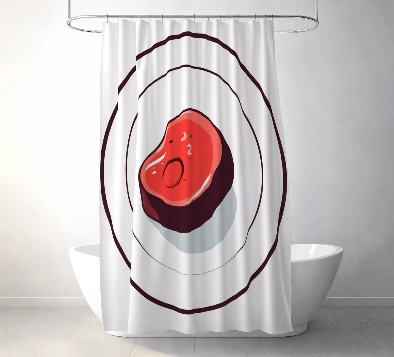 Bistecca succulenta su un piatto bianco dal design semplice tenda da doccia da DesignDoodle
