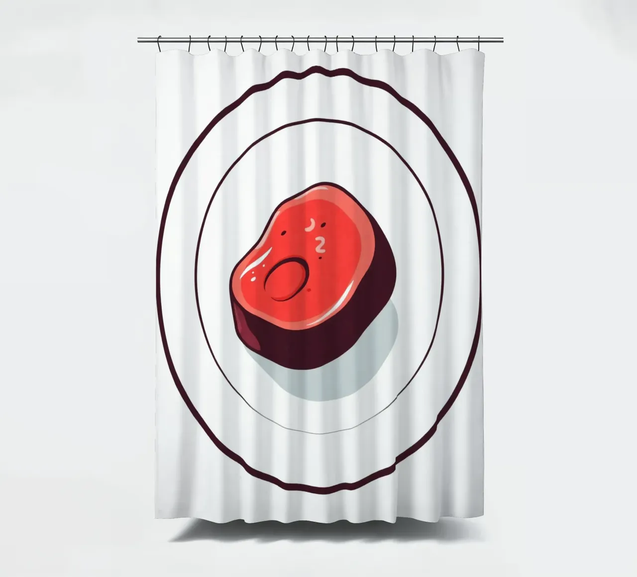 Bistecca succulenta su un piatto bianco dal design semplice tenda da doccia da DesignDoodle