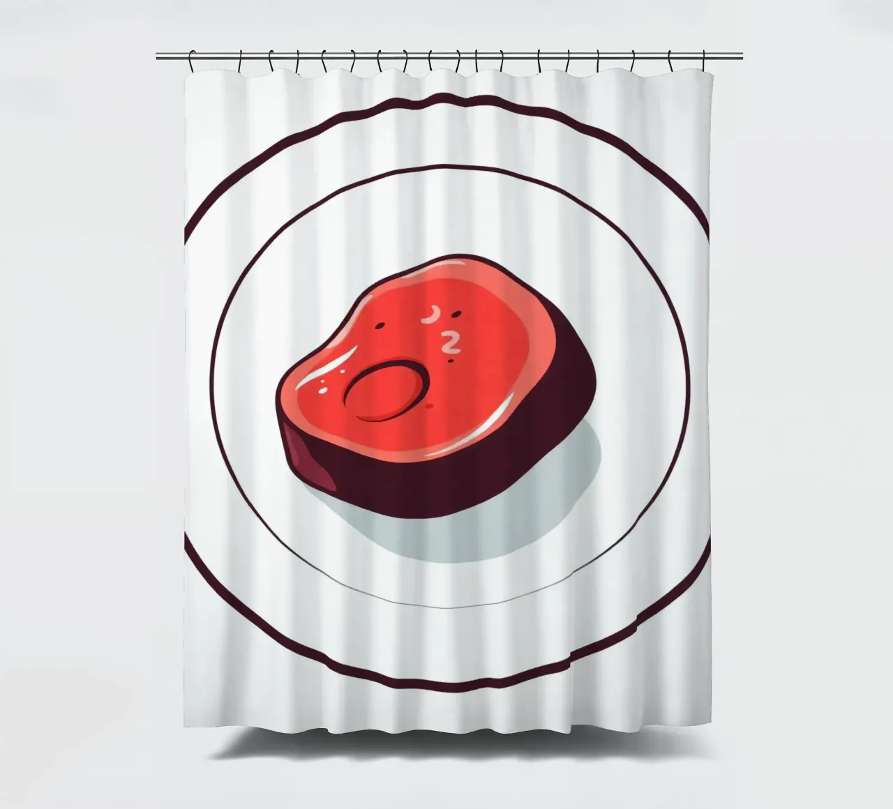 Bistecca succulenta su un piatto bianco dal design semplice tenda da doccia da DesignDoodle