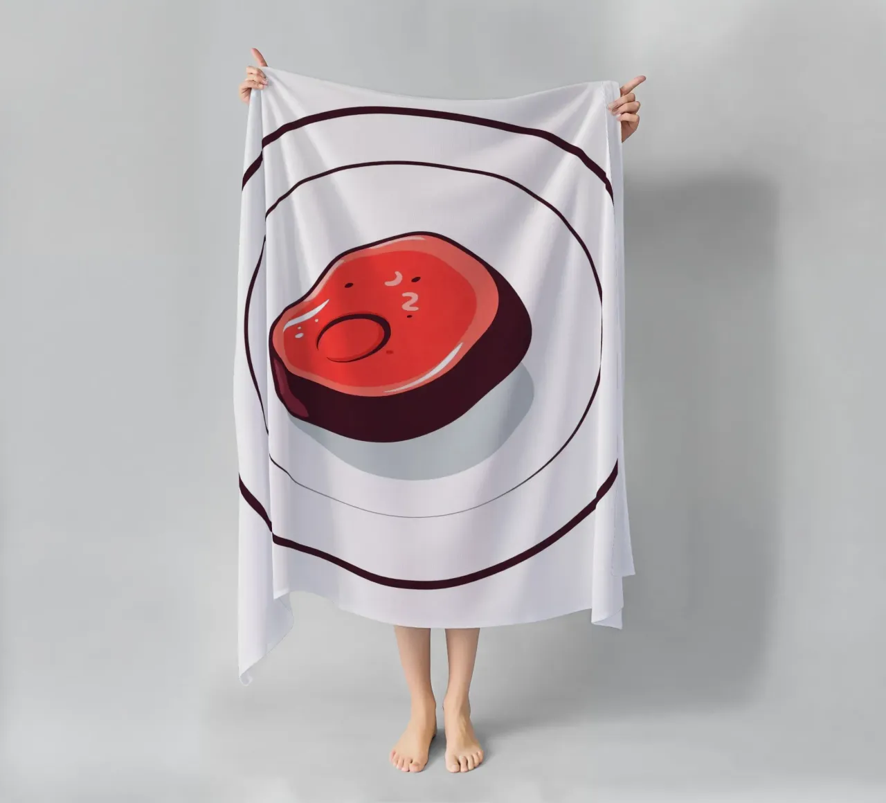 Bistecca succulenta su un piatto bianco dal design semplice telo mare da DesignDoodle