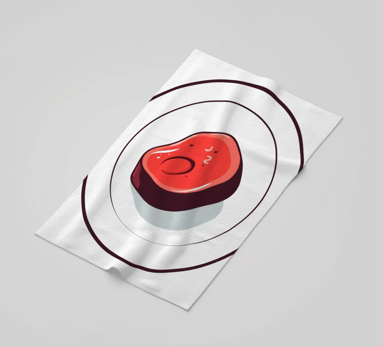 Bistecca succulenta su un piatto bianco dal design semplice telo mare da DesignDoodle