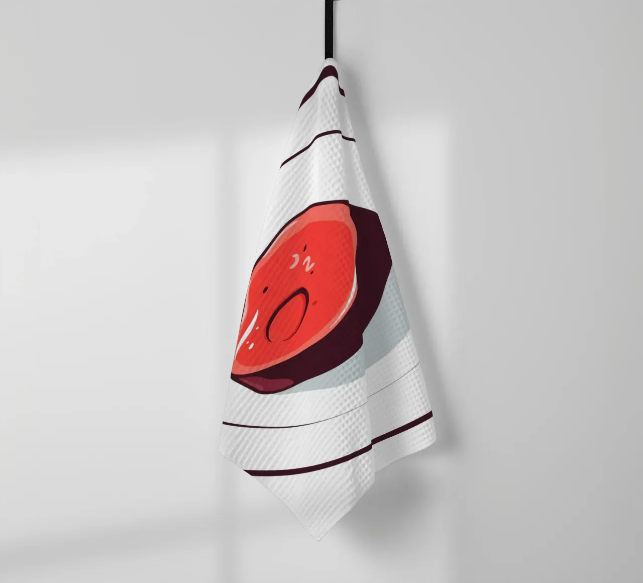 Bistecca succulenta su un piatto bianco dal design semplice canovaccio da cucina da DesignDoodle