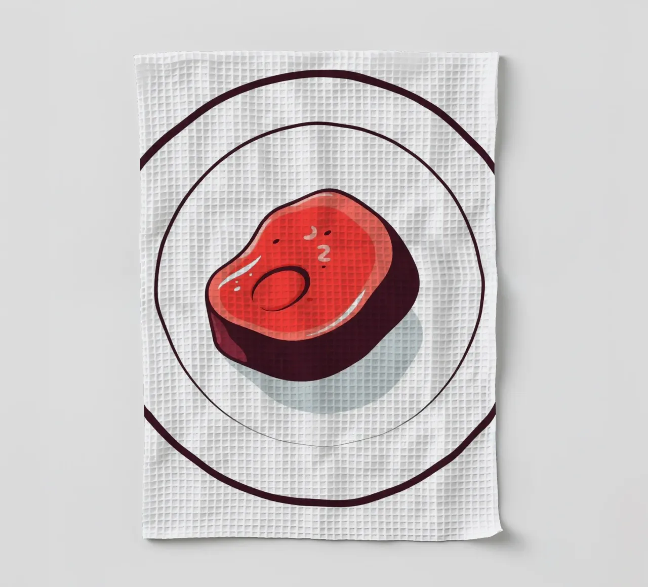 Bistecca succulenta su un piatto bianco dal design semplice canovaccio da cucina da DesignDoodle