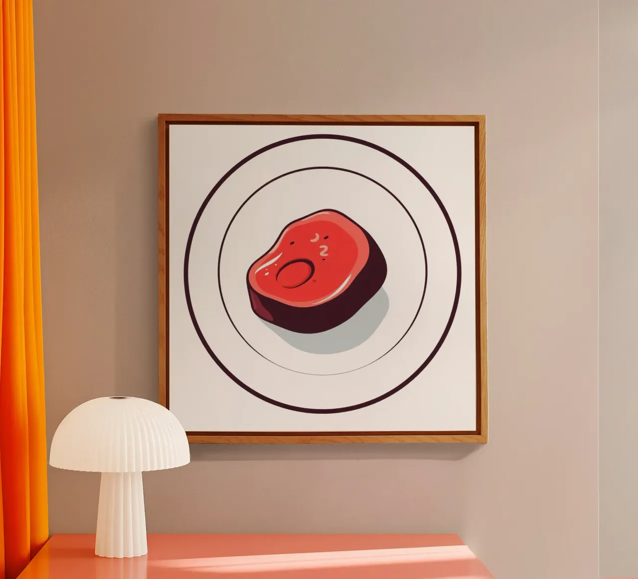 Bistecca succulenta su un piatto bianco dal design semplice plexiglass da DesignDoodle