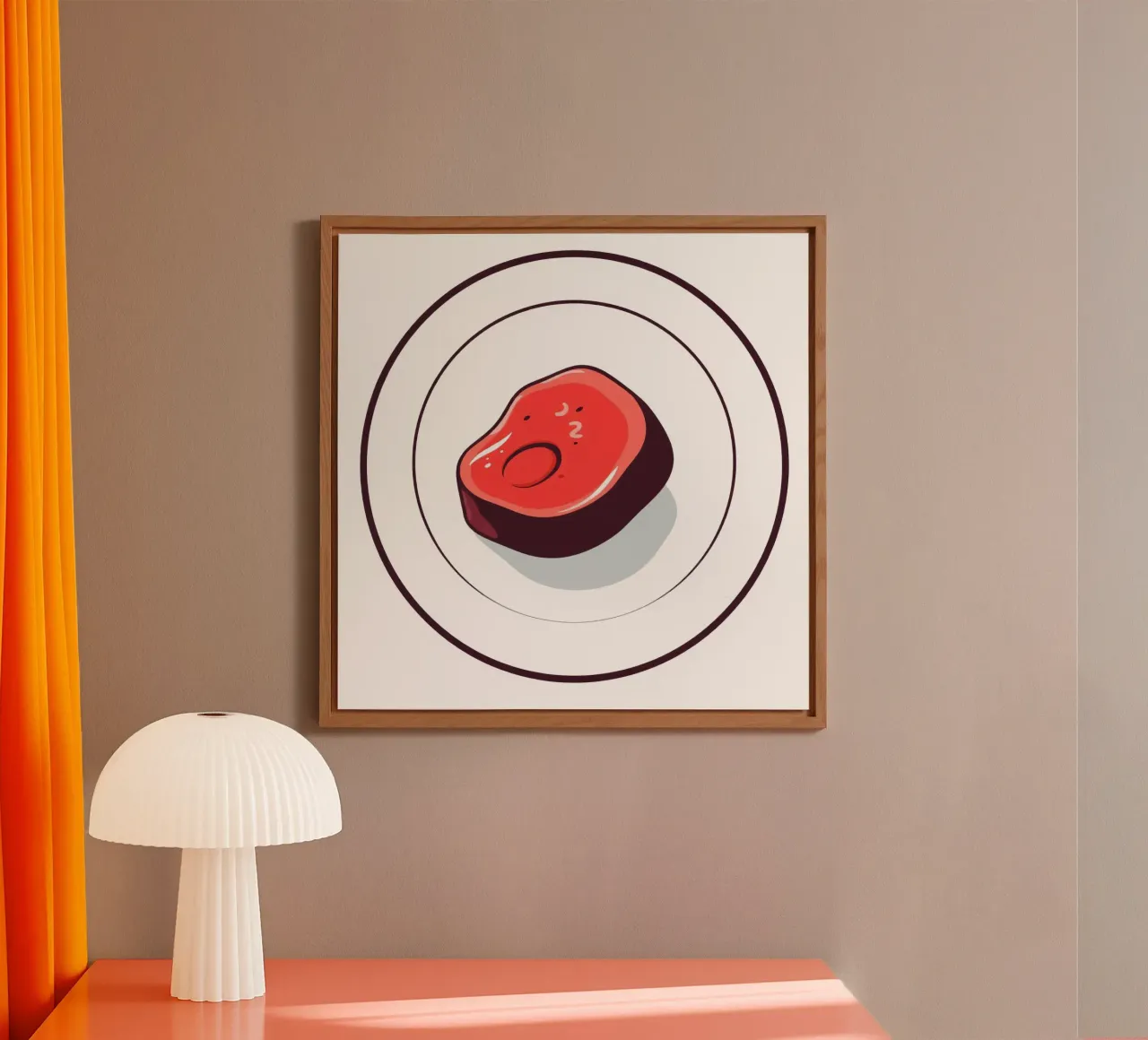 Bistecca succulenta su un piatto bianco dal design semplice alluminio dibond da DesignDoodle