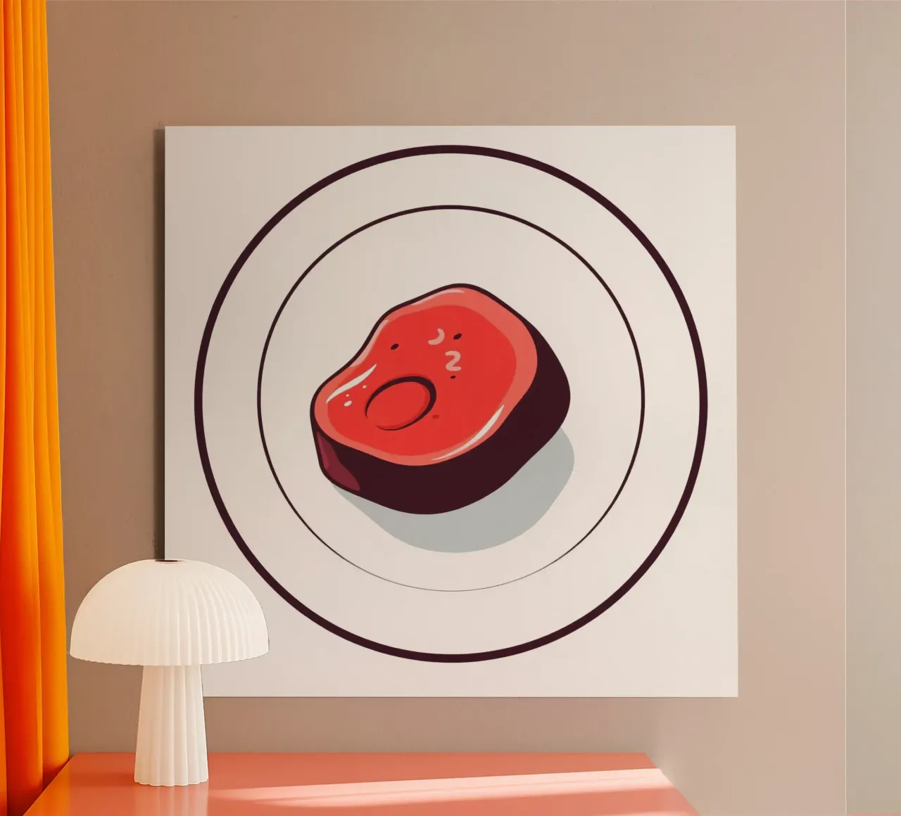 Bistecca succulenta su un piatto bianco dal design semplice alluminio dibond da DesignDoodle