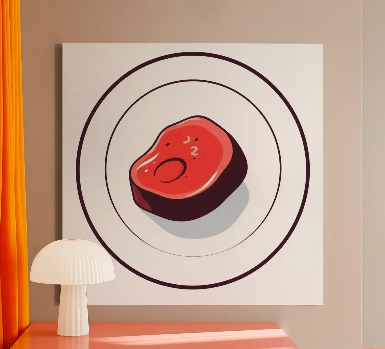 Bistecca succulenta su un piatto bianco dal design semplice tela da DesignDoodle