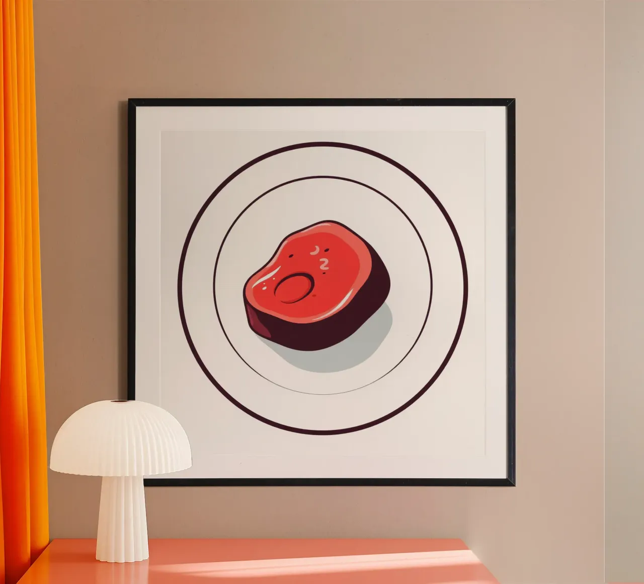 Bistecca succulenta su un piatto bianco dal design semplice poster con telaio in plastica da DesignDoodle