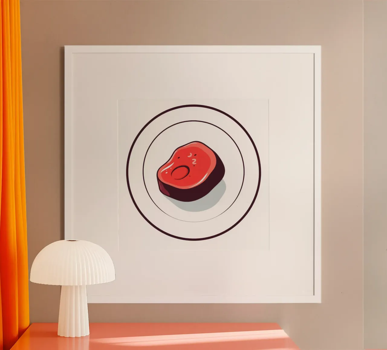 Bistecca succulenta su un piatto bianco dal design semplice carta hahnemühle da DesignDoodle