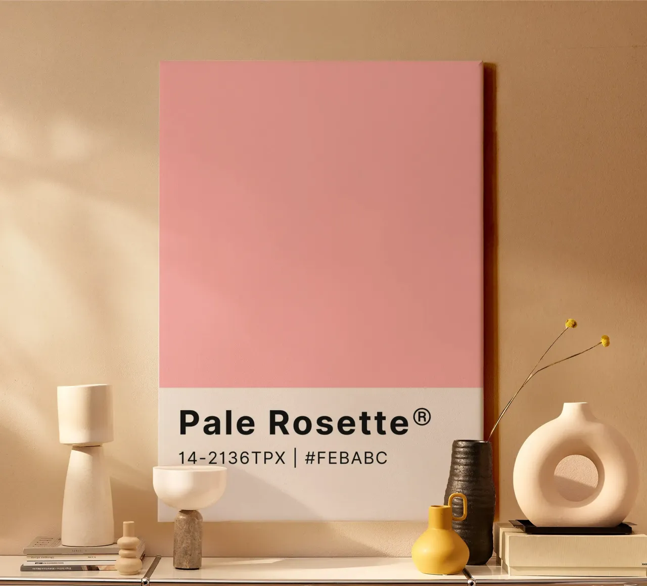 Pantone-Farbchip-Kunst "Blasse Rosette" - Minimalistisches Rosa Leinwand mit Schattenfugenrahmen von ClubArt