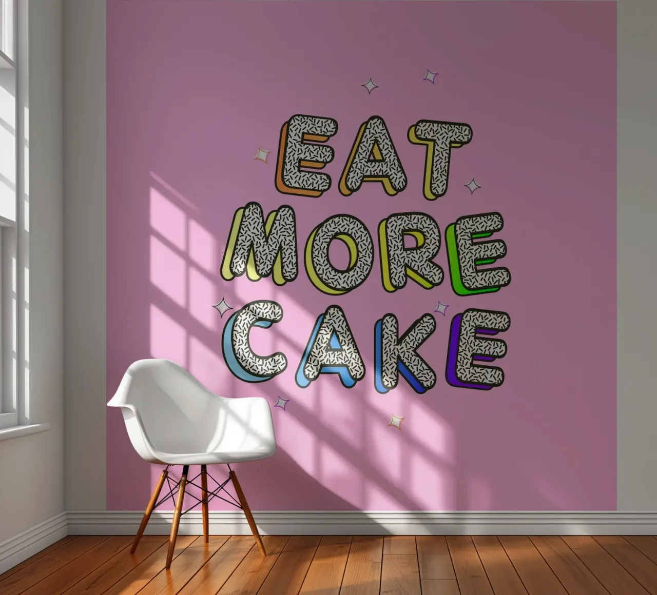 Eat More Cake – Bold Retro Typography Print photo wallpaper by showmemars