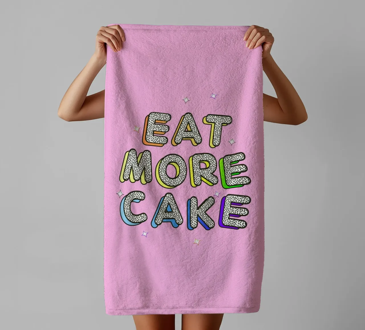 Eat More Cake – Bold Retro Typography Print towel by showmemars