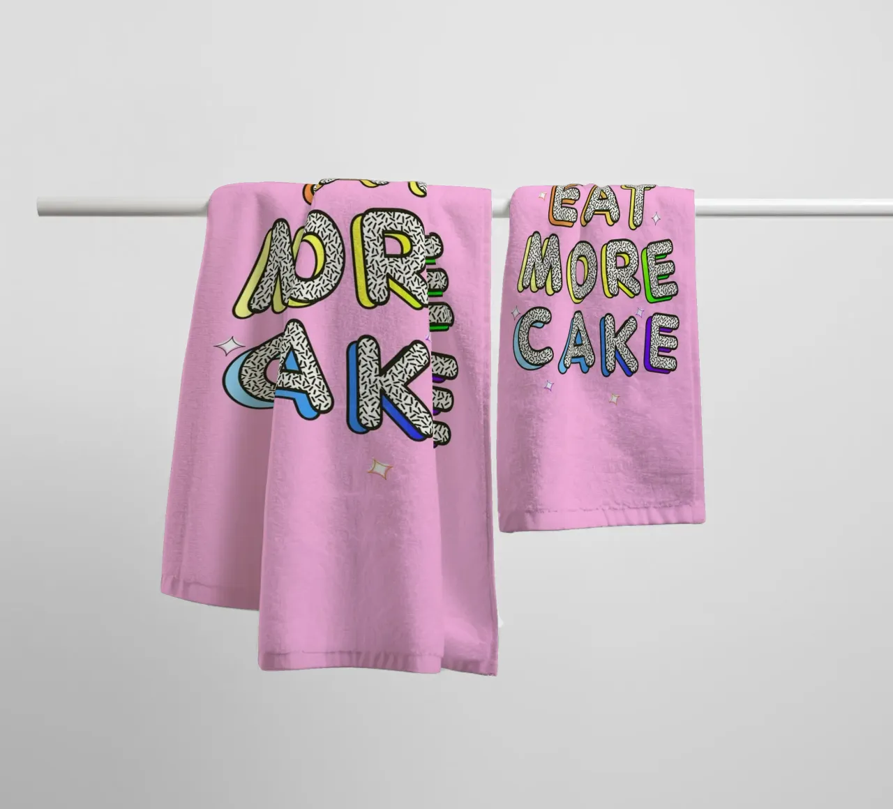 Eat More Cake – Bold Retro Typography Print towel by showmemars