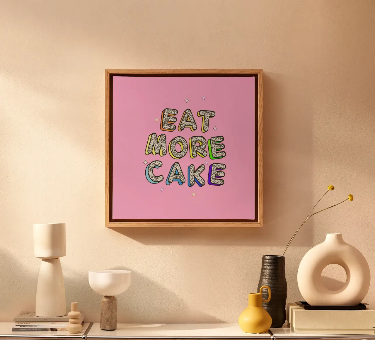 Eat More Cake – Bold Retro Typography Print canvas with Floater frame by showmemars