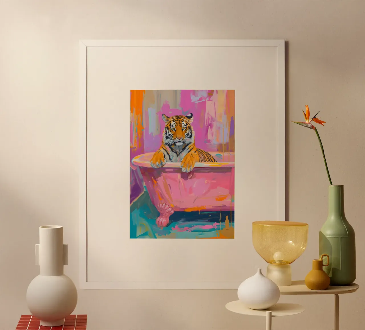 Pop Art astratta "Tiger's Soak" - Vibrante e stravagante poster con telaio in plastica da ClubArt