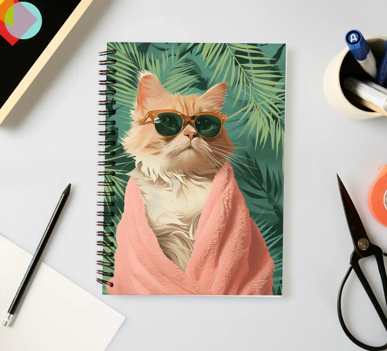 Stampa d'arte retro glam "Gatto tropicale" - Giocoso e chic diario ad anelli da ClubArt