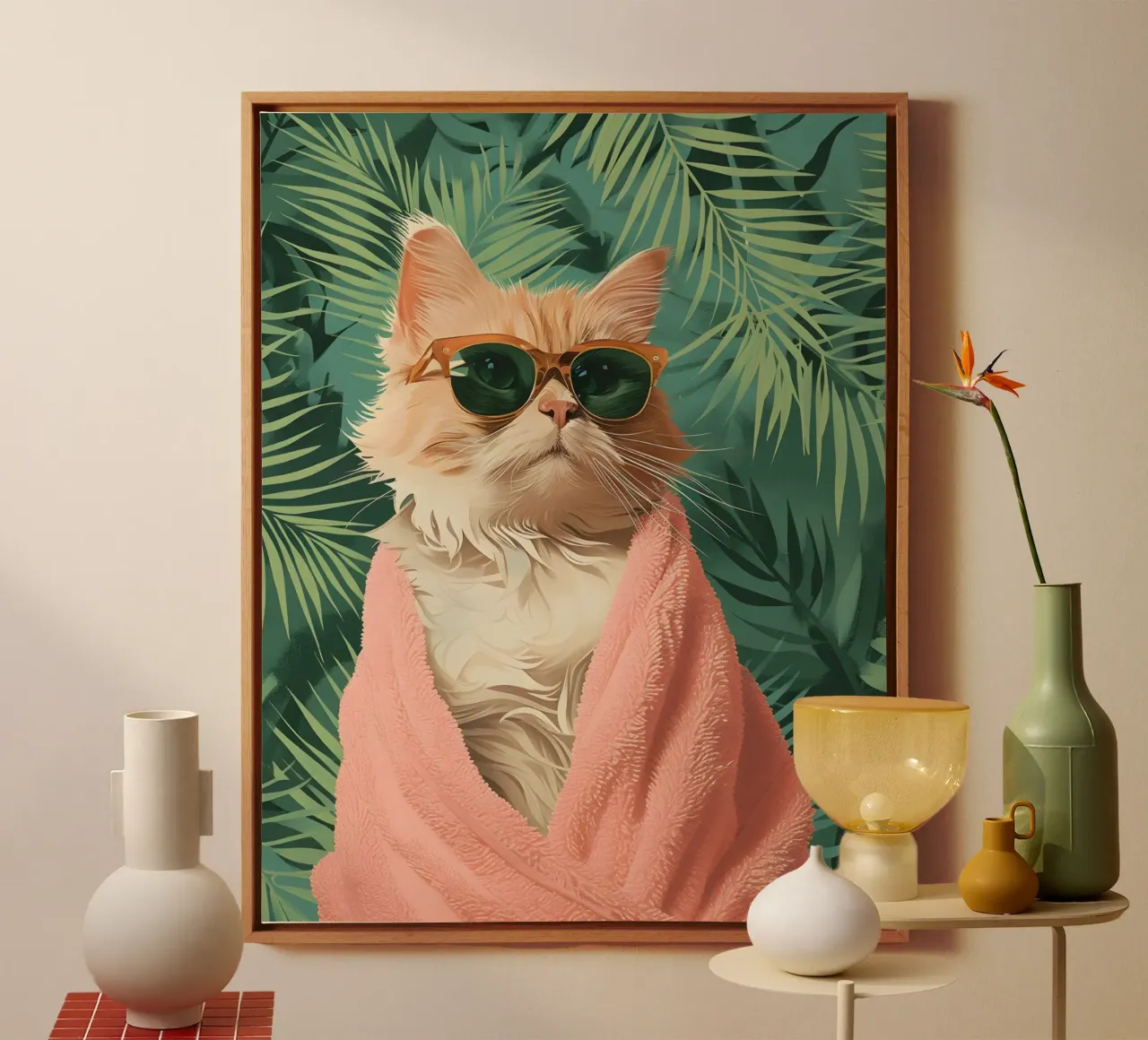 "Tropical Cat" Retro Glam Art Print - Speels & Chique canvas met Baklijst van ClubArt