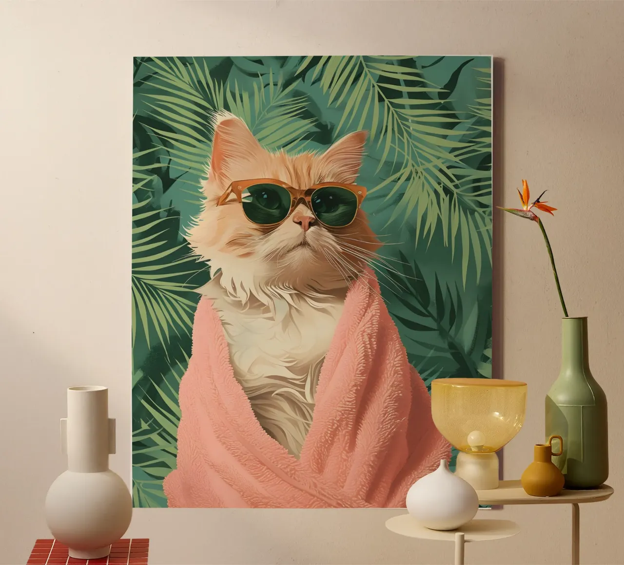 "Tropical Cat" Retro Glam Art Print - Speels & Chique canvas met Baklijst van ClubArt