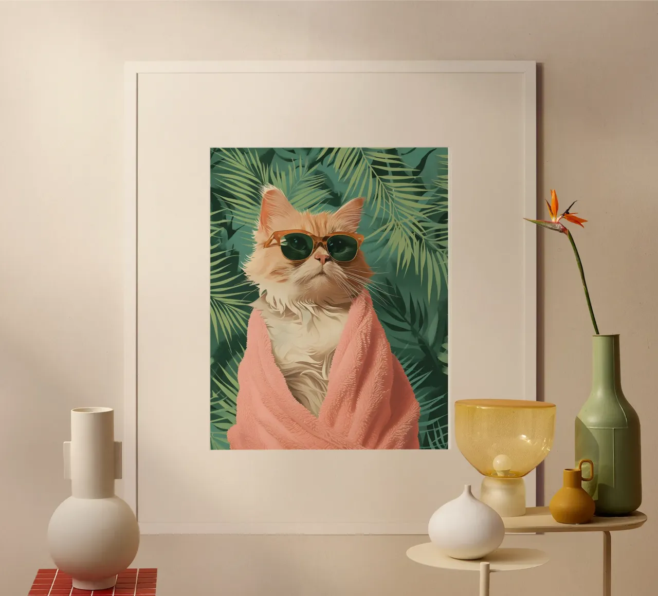 "Tropical Cat" Retro Glam Kunstdruck - verspielt & schick Poster mit Holzrahmen von ClubArt