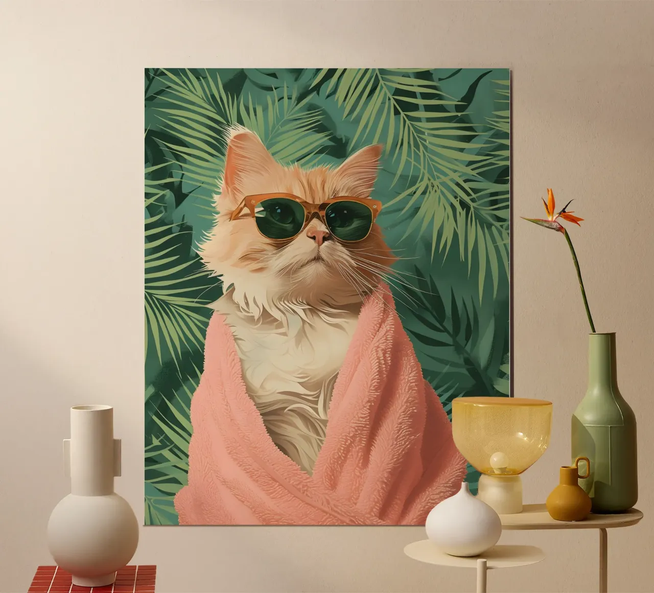 "Tropical Cat" Retro Glam Kunstdruck - verspielt & schick Poster mit Holzrahmen von ClubArt