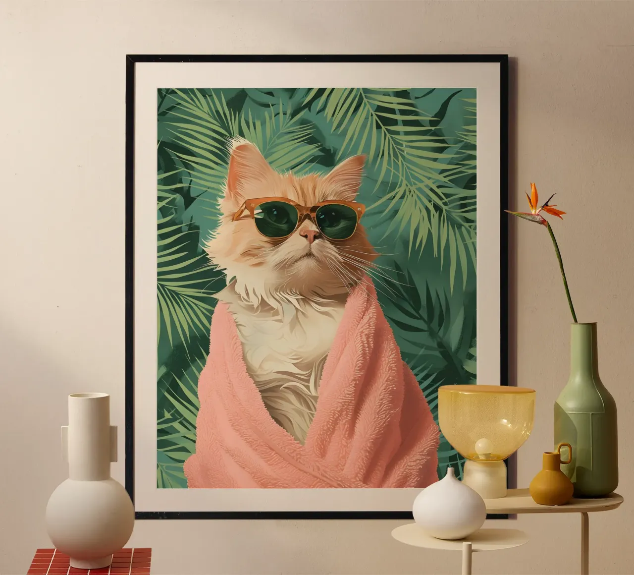 "Tropical Cat" Retro Glam Kunstdruck - verspielt & schick Poster mit Holzrahmen von ClubArt