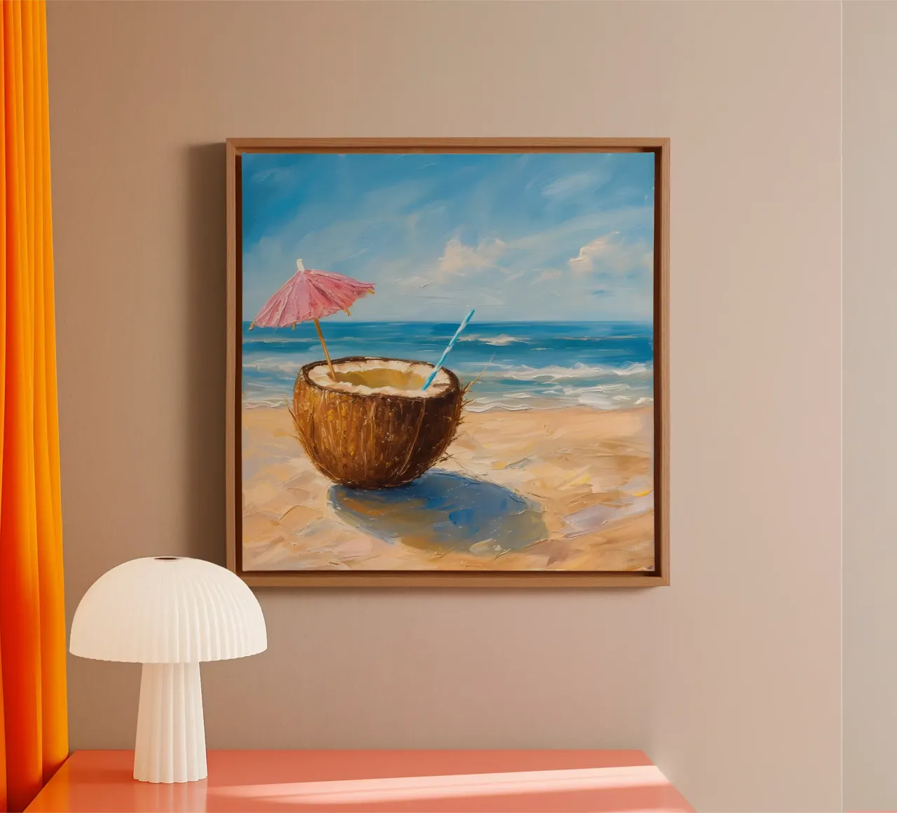 Coastal Bliss - Impressionniste Boisson à la noix de coco, scène de plage, Su toile avec Caisse américaine de ClubArt