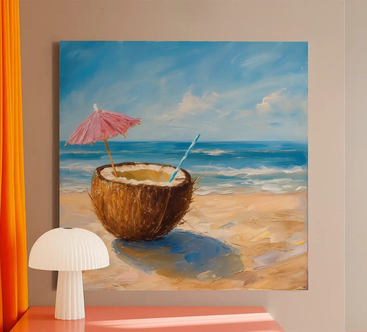 Coastal Bliss - Impressionniste Boisson à la noix de coco, scène de plage, Su toile avec Caisse américaine de ClubArt