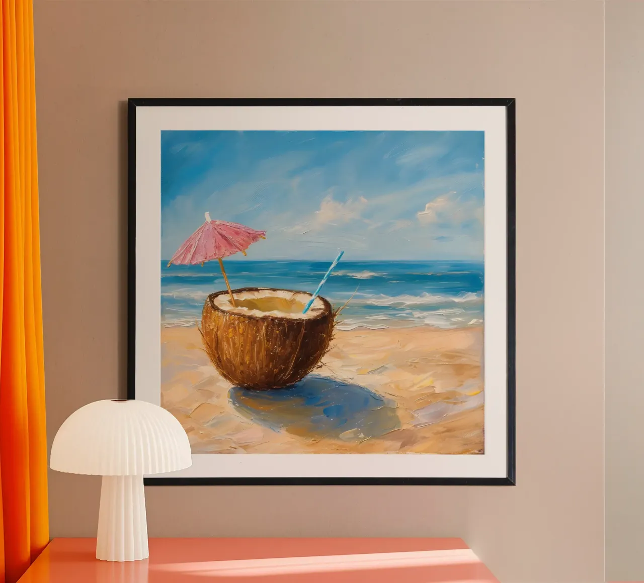 Coastal Bliss - Impressionniste Boisson à la noix de coco, scène de plage, Su poster de ClubArt