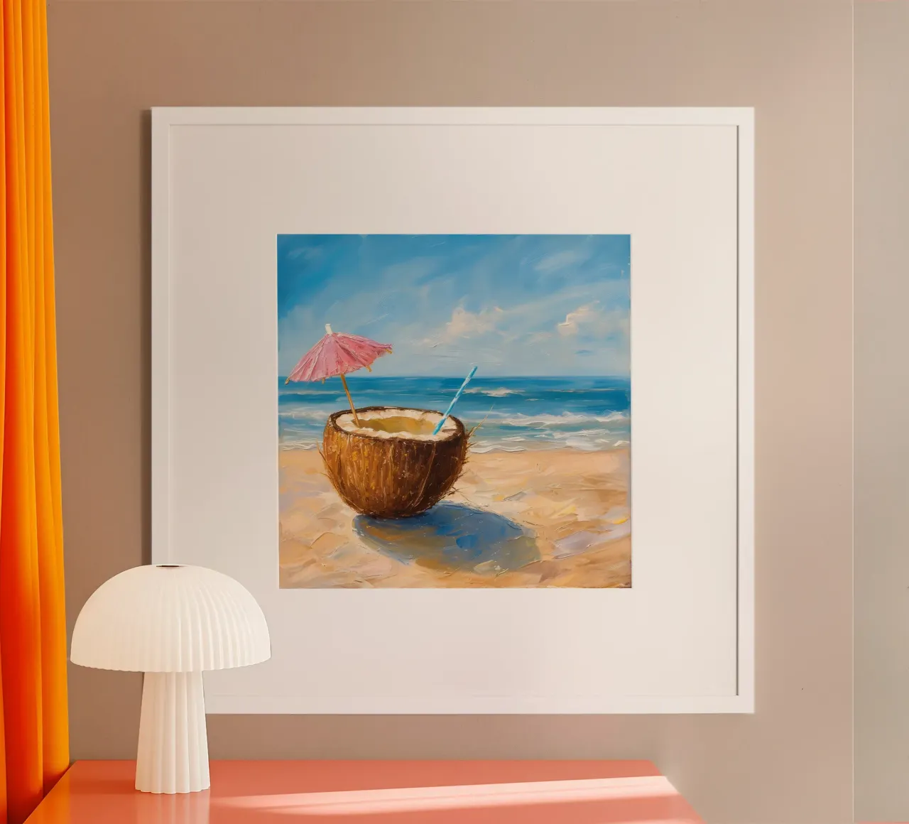 Coastal Bliss - Impressionniste Boisson à la noix de coco, scène de plage, Su poster de ClubArt