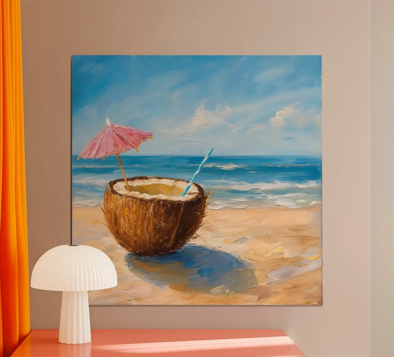 Coastal Bliss - Impressionniste Boisson à la noix de coco, scène de plage, Su poster de ClubArt