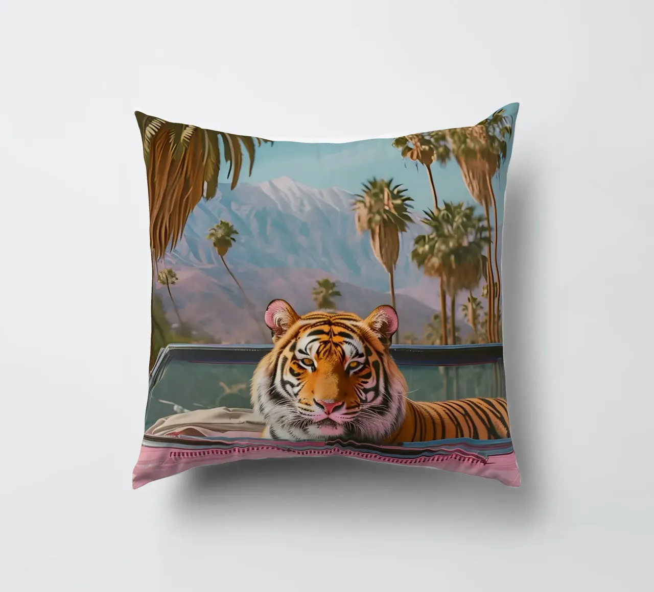 Palm Springs Dream - Tigre pop art, convertibile retrò, deser cuscino da ClubArt