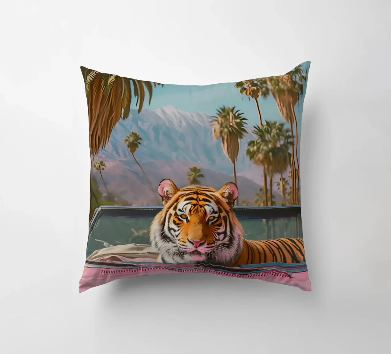 Palm Springs Dream - Tigre pop art, convertibile retrò, deser cuscino da ClubArt