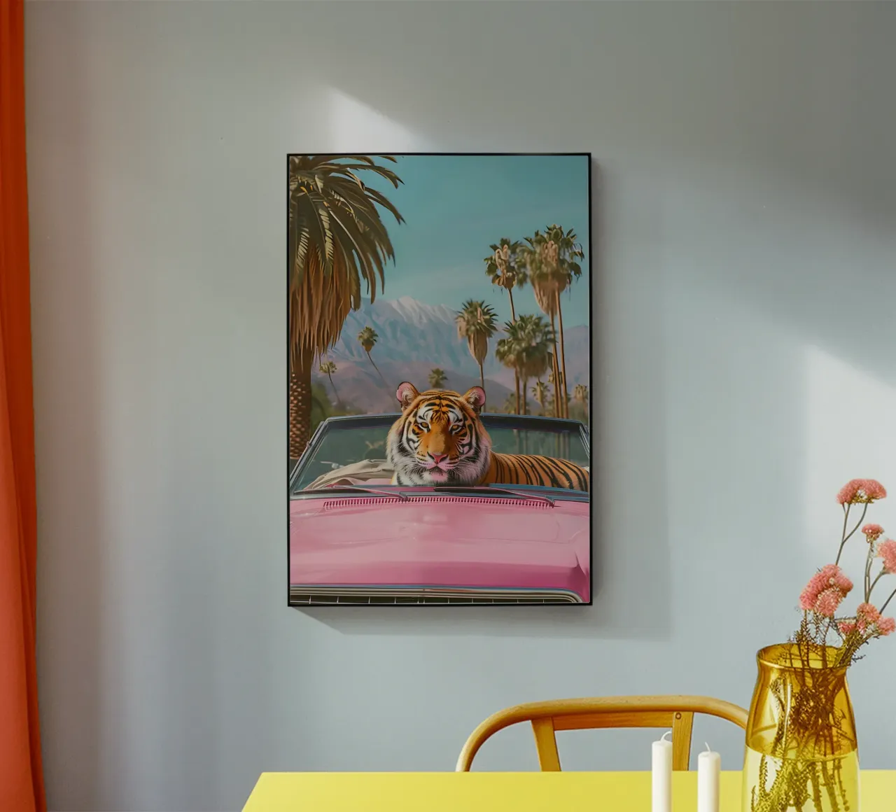 Palm Springs Dream - Tigre Pop Art, Descapotable Retro, Deser metacrilato de ClubArt