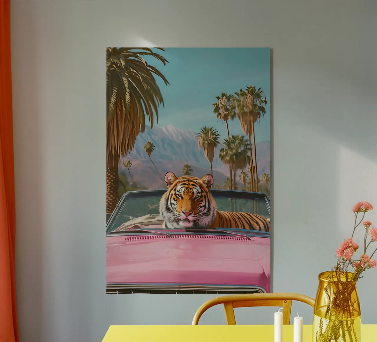 Palm Springs Dream - Tigre Pop Art, Descapotable Retro, Deser metacrilato de ClubArt