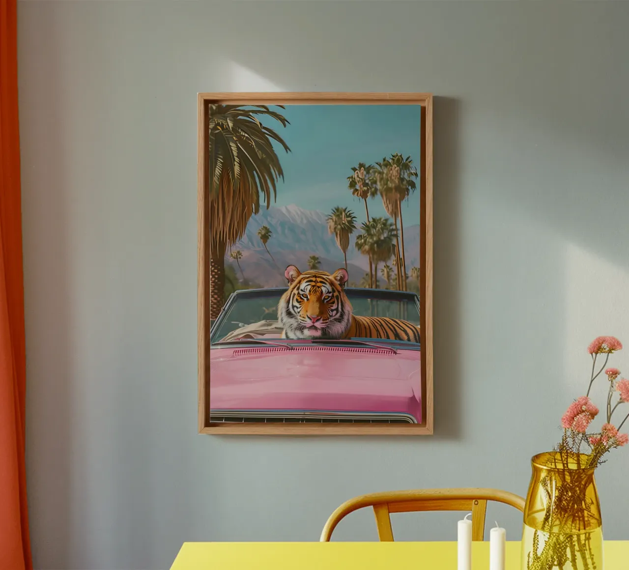 Palm Springs Droom - Pop Art Tijger, Retro Cabrio, Deser canvas met Baklijst van ClubArt