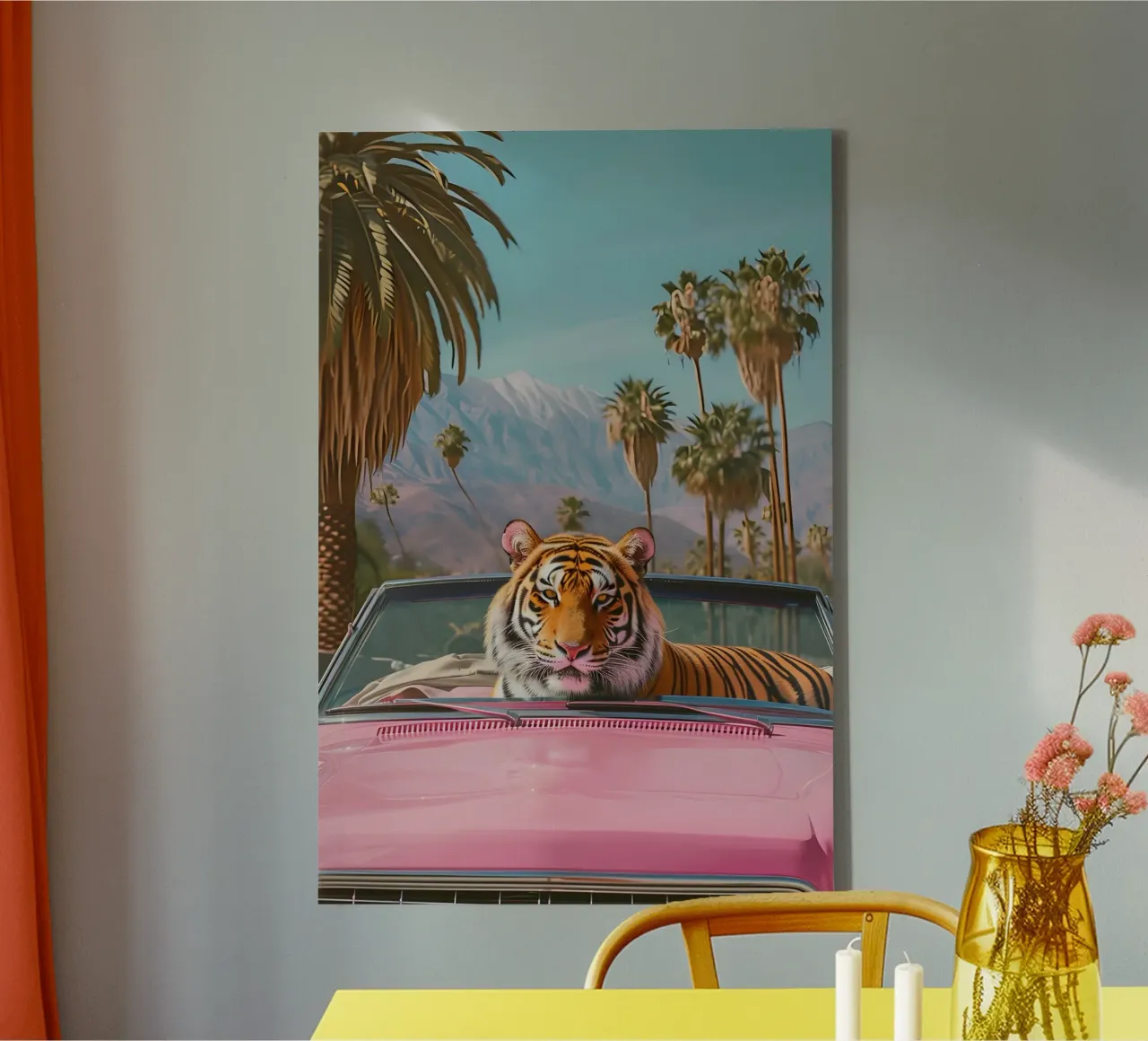 Palm Springs Droom - Pop Art Tijger, Retro Cabrio, Deser canvas met Baklijst van ClubArt