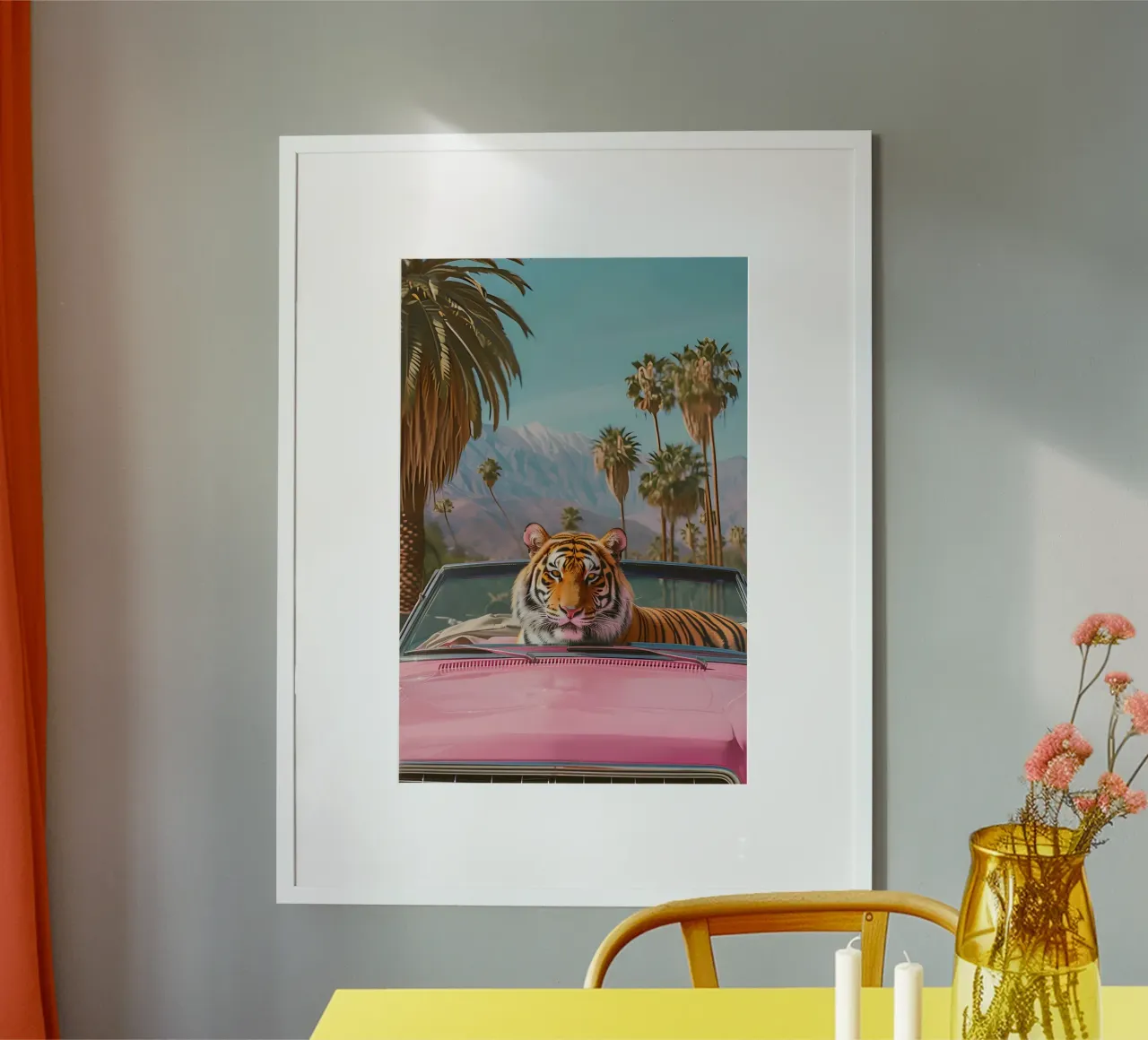 Palm Springs Dream - Tigre pop art, convertibile retrò, deser carta hahnemühle da ClubArt
